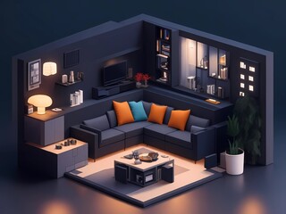 Dark Walls and Cutaway Box Interior Design, Isometric Living Room Design