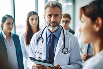 Wall Mural - Doctor and female patient discussing something while sitting at the table in the office. Medicine and health care concept.