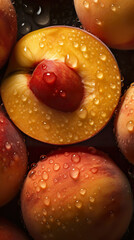 Wall Mural - Fresh peaches. On a wooden background. Top view. Free space for your text. generative ai