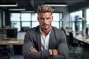 Serious businessman looking at camera and keeping arms crossed while standing in office