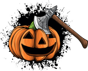 Illustration vector graphic of pumpkin with ax on white background