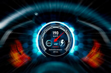 The EV Electric Vehicle Digital Speedometer Indicates The Car High Speed On Dark Background With Light Effects And Motion. Drive In Sport Mode, Electric Vehicle Technology Concept, 3D Illustration