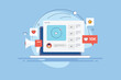 © Sammby - Video content on online social media website displaying on laptop screen, engaging internet audience and increase interaction, vector illustration filled outline banner.