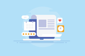 Posting content on time social media management, post scheduler software app on laptop, marketing automation, content calendar concept. Vector illustration web banner. 