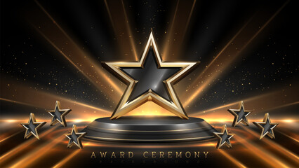 3d stars on black podium with golden light motion decoration and bokeh. elegant award ceremony backg