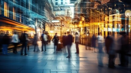 Crowded public place with people passing by, traffic flow motion blur effect. Generative AI illustration.