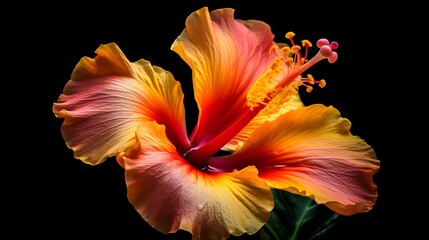 Wall Mural - Flower of pink Hibiscus rosa-sinensis or shoeblack plant isolated on black background. Generative ai technology.