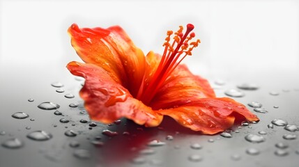 Wall Mural - Macro shot close up flower of orange Hibiscus rosa-sinensis or shoeblack plant with some water drops isolated on white background.  Generative ai technology.