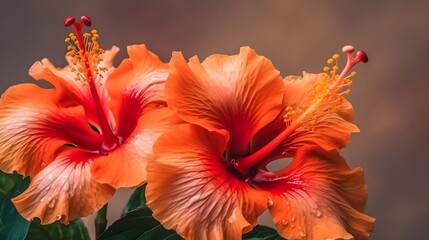 Wall Mural - Macro shot close up flower of orange Hibiscus rosa-sinensis or shoeblack plant with some water drops isolated on brown background. Generative ai technology.