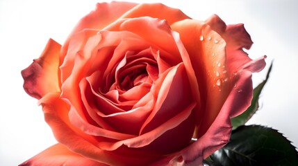 Wall Mural - Beautiful close up pink rose flower with some leaves and water droplet looks fresh isolated on white background. Generative AI technology.
