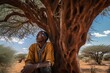 © sergio - A man sitting under a tree in the desert. Generative AI.