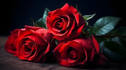 Wall Mural - Beautiful four red rose flower stack together with some leaves and water droplet looks fresh laying on the studio set black background. Generative AI technology.