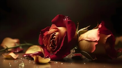 Wall Mural - Beautiful red rose flower and fallen flower parts and water droplet looks fresh laying on the studio set dark background. Concept images. Generative AI technology.
