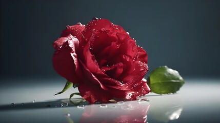 Wall Mural - Beautiful wet red rose flower with some leaves and water droplet looks fresh laying on the studio set reflective black background. Generative AI technology.