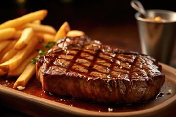 the photorealism of American steak at the bar with chips and gravy. telephoto lens studio lighting