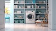 © sirisakboakaew - Interior of home laundry room with modern washing machine WhiteLaundry room interior with washing machine, basket, and white shelves.