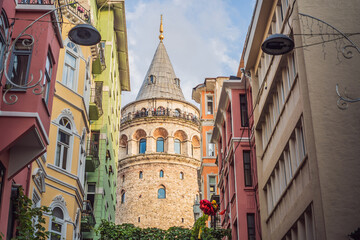 Wall Mural - Istanbul city skyline in Turkey, Beyoglu district old houses with Galata tower