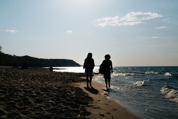 Rear view silhouette of two people walking together on the seashore on a sunny summer day