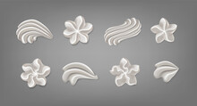 3d realistic vector icon set. Baker cream. Whipped cream swirl collection of smooth dairy icing frosting for cupcake or bakery.