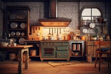 Rustic Kitchen. Ai Art. Retro Vintage