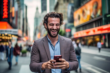 Happy man with smart phone on street