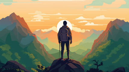 man with backpack, traveller or explorer standing on top of mountain or cliff and looking on valley.
