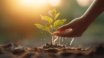 Close up two hands holding water and watering young tree to growing up in park in sunset. Generative AI