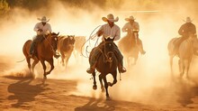 An Action-packed Rodeo With Brave Cowboys Participating In Thrilling Lasso Events Or Daredevil Bull Riding. Generative AI