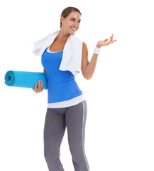 Poster - Yoga, show and idea with woman and hand on transparent background for fitness, workout and exercise. Health, wellness and pilates with person isolated on png for presentation and promotion