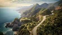An Awe-inspiring Aerial View Of A Winding Road Cutting Through Mountains Or A Coastal Landscape, Depicting Nature's Grandeur. Generative AI