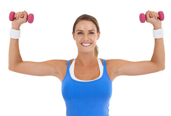 Poster - Fitness, exercise and portrait of a happy woman with dumbbells for strong muscle and power. Healthy female person with weights in hands for training workout isolated on a transparent, png background