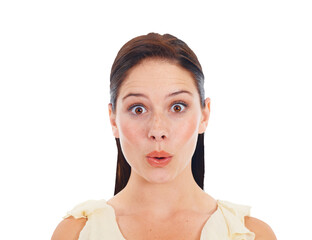 Portrait, beauty and wow with a shocked woman isolated on a transparent background for fashion or style. Face, trendy and surprised with a cute young female person on PNG amazed at an announcement