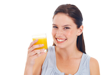 Poster - Happy woman, orange juice in glass and health, nutrition with wellness and fruit drink isolated on png transparent background. Female person with healthy beverage, diet with hydration and vitamin c