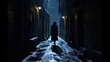 A silhouette of a sinister figure standing at the end of a dimly lit, narrow alley, evoking suspense and fear. Generative AI