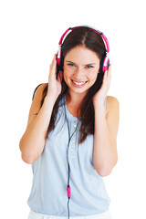 Poster - Portrait, smile and woman with headphones, streaming audio and girl isolated on a transparent background. Face, female person or model with a headset, listening to a podcast or png with radio or song