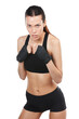 Serious woman, portrait and boxer in fighting pose standing isolated on a transparent PNG background. Confident female person or determined fighter posing in stance for fight training or exercise