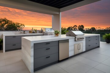 Beautiful custom outdoor kitchen & living area design of high-end luxury style custom homes.