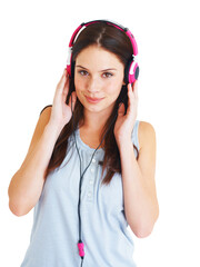 Poster - Portrait, music and woman with headphones, streaming sounds and girl isolated on a transparent background. Face, female person and model with a headset, audio and podcast with png and listen to radio