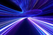 © TANATPON - Abstract Speed light trails effect path, fast moving neon futuristic technology background, future virtual reality, motion effect, curve of neon bright, highway speed light, with Generative Ai.