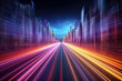 Leinwandbild Motiv Speed light trails path through smart modern mega city and skyscrapers town with neon futuristic technology background, future virtual reality, motion effect, high speed light, with Generative Ai.