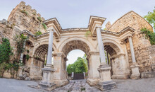 Hadrian Kapisi Turkey Landmark City History. Popular Tourist Attraction - Ancient Roman Hadrian Gate In Old Town Antalya, Turkey On A Summer Day. Turkiye