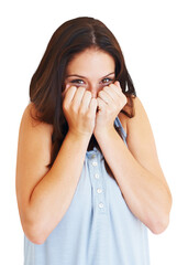 Sticker - Portrait, hands and woman hide, shy and girl isolated against a transparent background. Cover face, happy female person and model peeking, expression and curious with png, sneak and surprise with wow