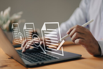 Aufkleber - The paperless workplace concept includes e-signing, electronic signature, and document management. A businessman signs an e-document on a virtual notebook screen using a stylus pen