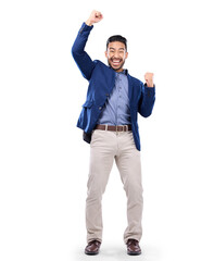 Wall Mural - Celebrate, excited and a business man with success, achievement and good news. Winner, promotion and happy professional male person portrait with fist isolated on a transparent, png background