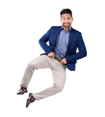 Poster - Portrait, success and jump with a business man isolated on a transparent background in celebration of achievement. Freedom, energy and winner with an excited male employee in a corporate suit on PNG