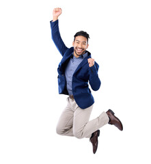 portrait, success and a business man jumping isolated on a transparent background in celebration of 