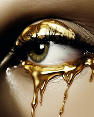 Golden Tears dropped from sad eye, full makeup molten gold