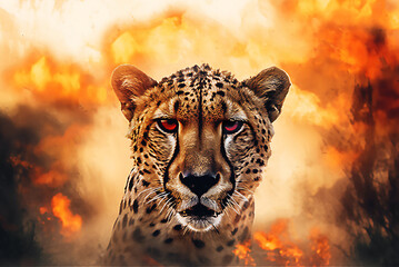 Wall Mural - Cheetah in savannah.   The concept of protecting wildlife and green planet. post processed AI generated image.