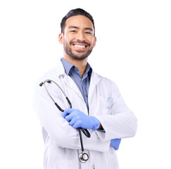 Wall Mural - Doctor, health and man, stethoscope and arms crossed with confidence in portrait isolated on transparent png background. Asian male physician, medical professional and healthcare, smile and medicine