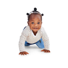 cute, crawling and happy with portrait of baby on transparent background for youth, innocence and le